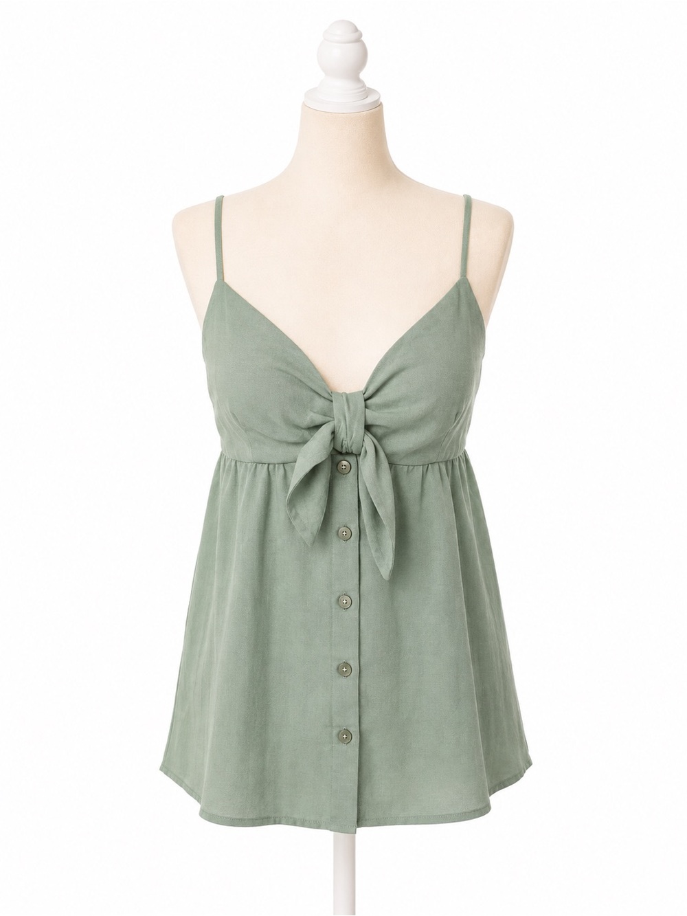 Becaal Sage Green Tie Front Cami Tank Top Button Front Babydoll Size S NWT